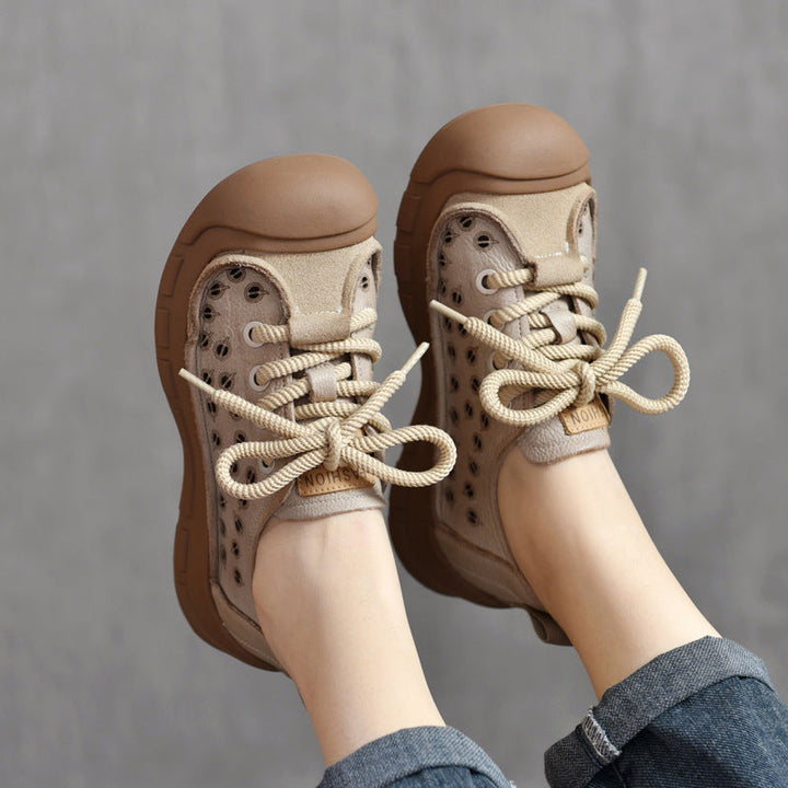 Women's Perforated Cowhide Sneakers - Unlined Summer Leisure Shoes - Thick Sole