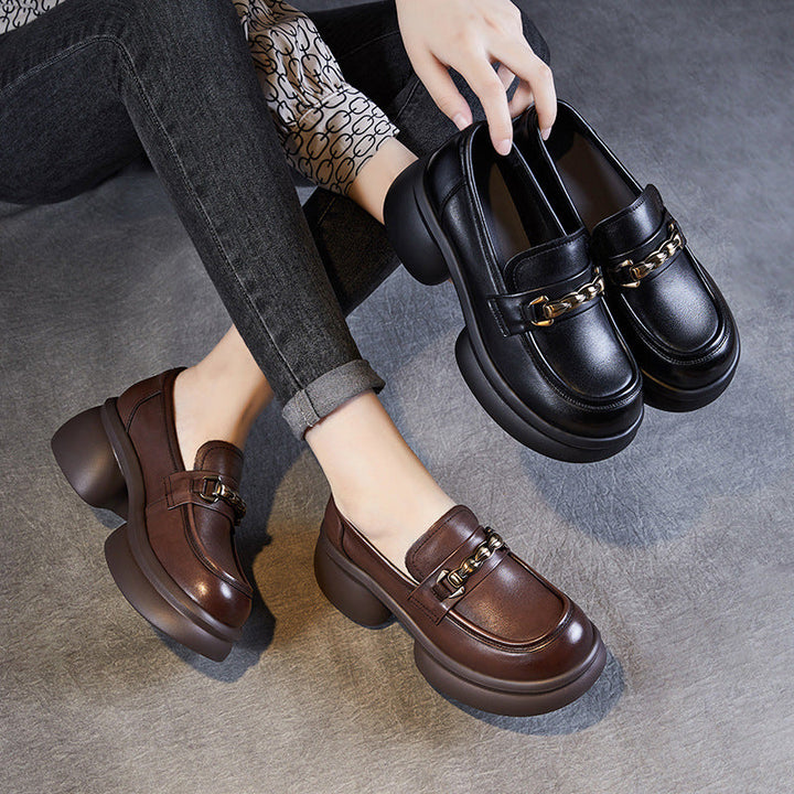 Women’s Leather Platform Block Heel Loafers – British Vintage Chain Detail