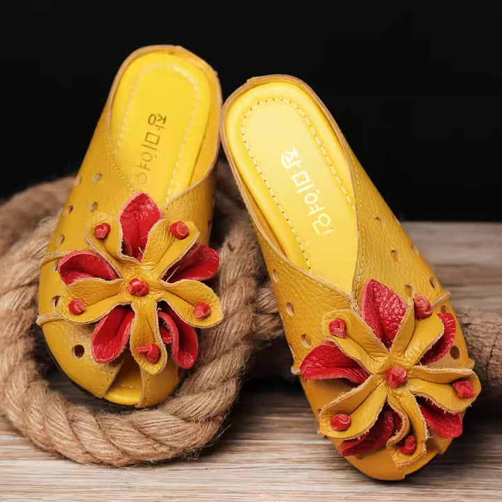 Women's Leather Mules - Retro Hollow Out Summer Sandals with Floral Detail, Slip-on Round Toe Flat Shoes