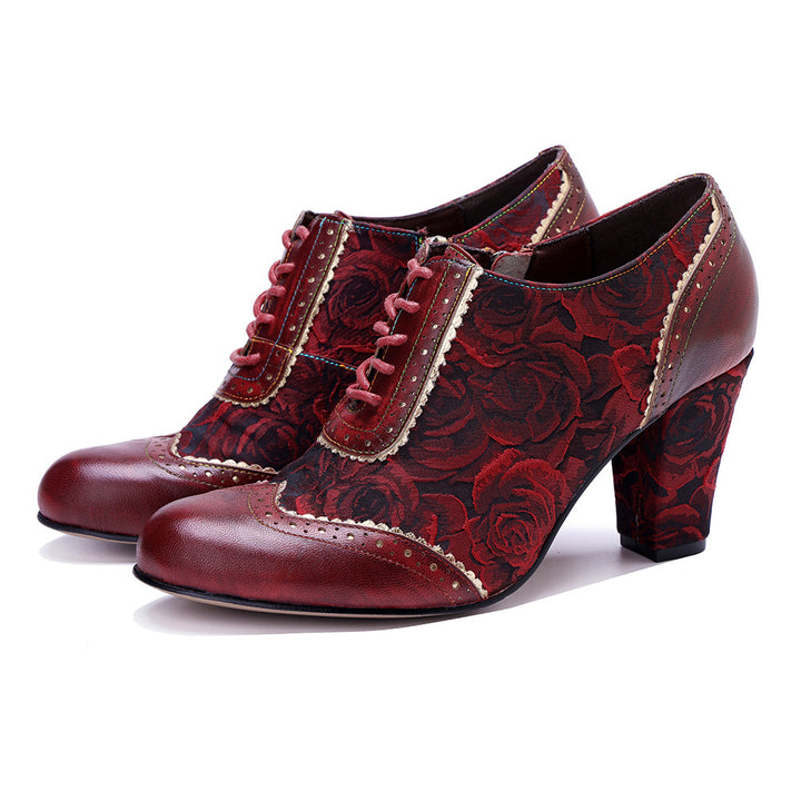Women's Vintage Floral Sheepskin Oxfords High Heel Lace Up Brogue Booties