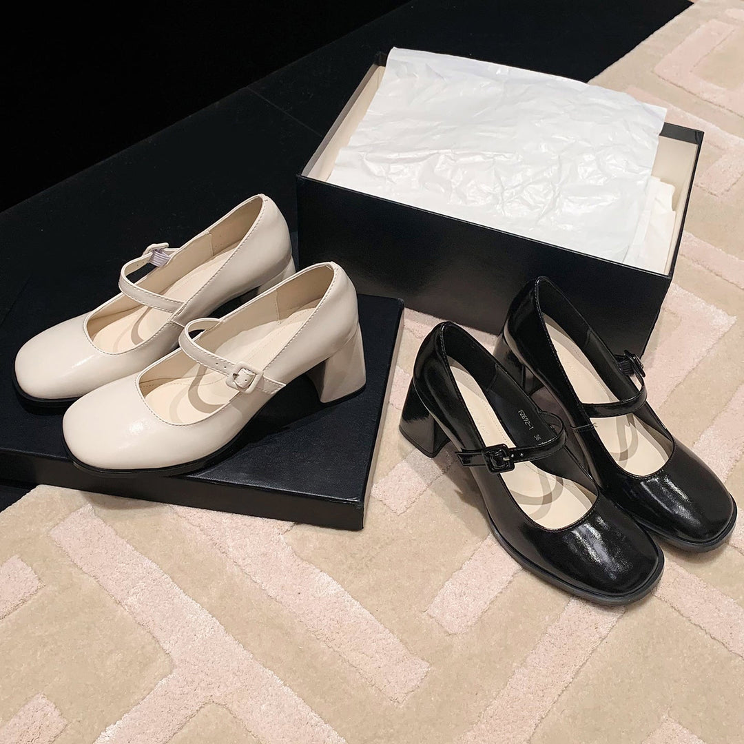 French Vintage Block Heel Mary Janes - Elegant Round Toe Leather Pumps for Office & Daily Wear