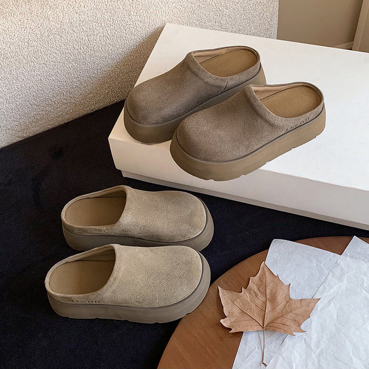 Round Toe Flat Mules – Women’s Cow Suede Comfortable Shoes