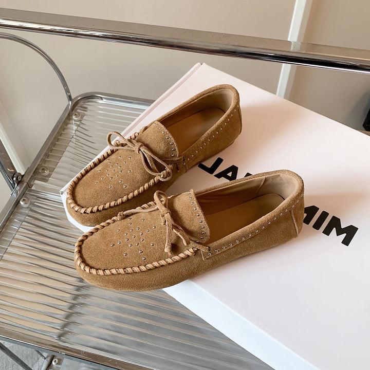 Women's Suede Moccasins - Hand-stitched Studded Loafers with Cowhide Insole