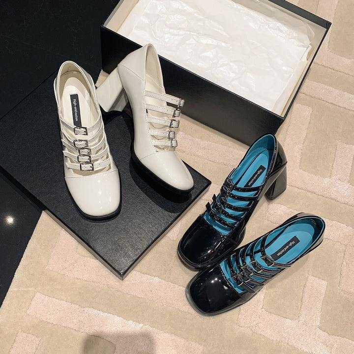 Women's Multi-Strap Mary Jane Heels - Patent Leather Pumps with Comfortable Block Heel