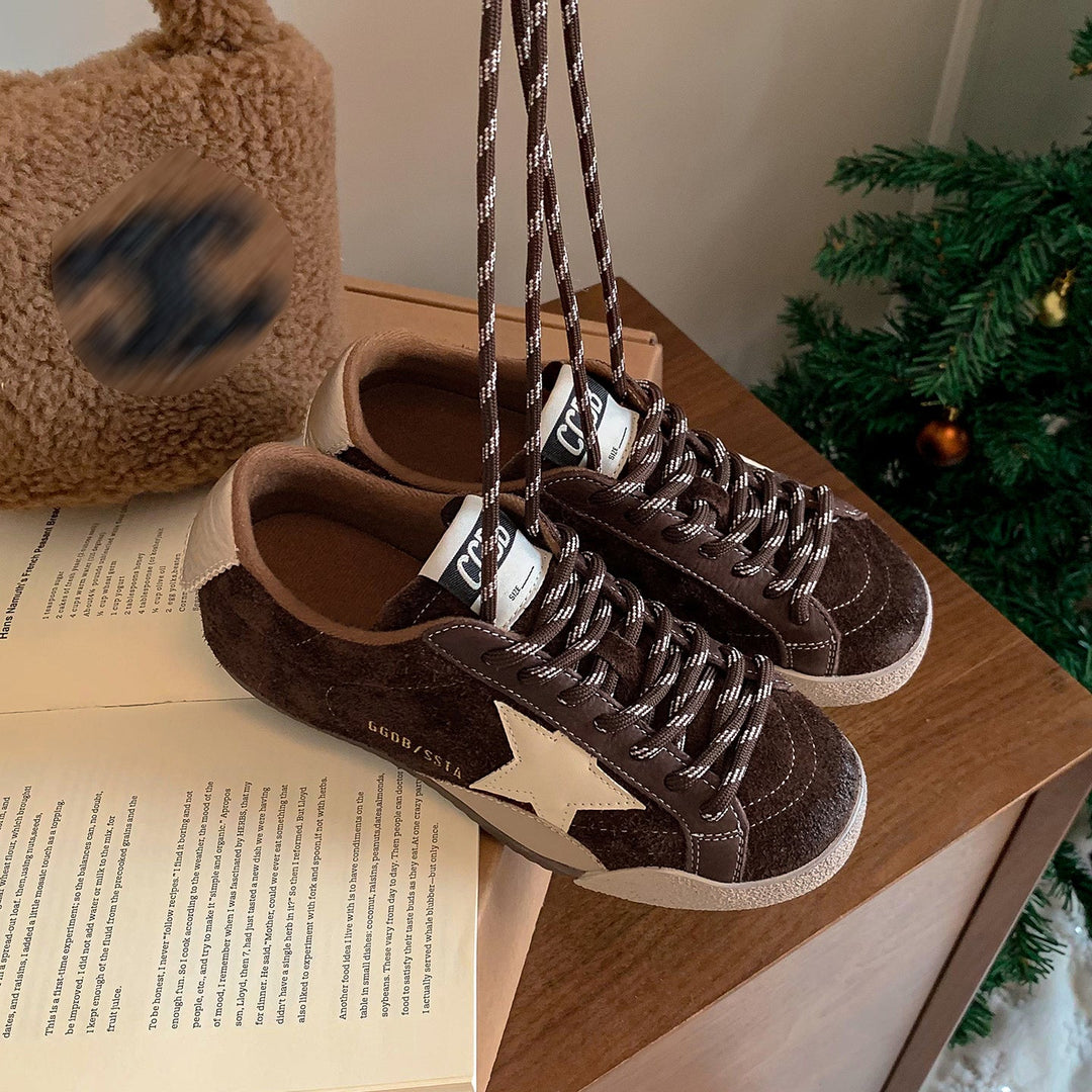 Flat Star Design Sneakers Retro – Women’s Cow Suede Lace-Up Shoes