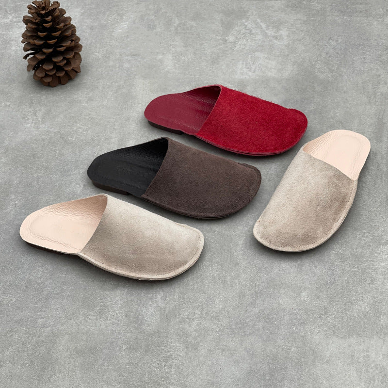Women's Leather Closed Toe Mules Retro Slip-on Flats Slippers Vintage Slide Summer