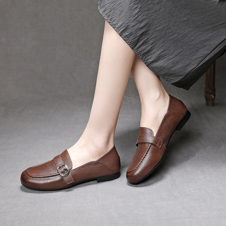 Women's Leather Casual Loafers - Soft Step-Down Back Flat Moccasins with Metal Buckle