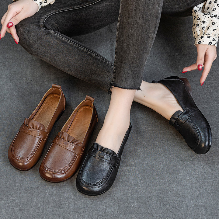 Women's Genuine Leather Penny Loafers Round Toe Slip On Flat Shoes Soft Sole
