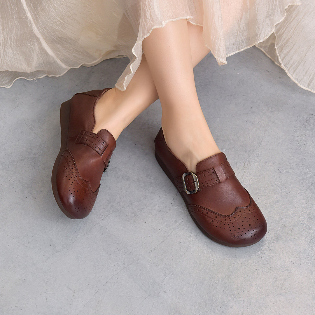Women's Vintage Brogue Loafers Soft Cowhide Slip-on Mary Jane Flat Shoes