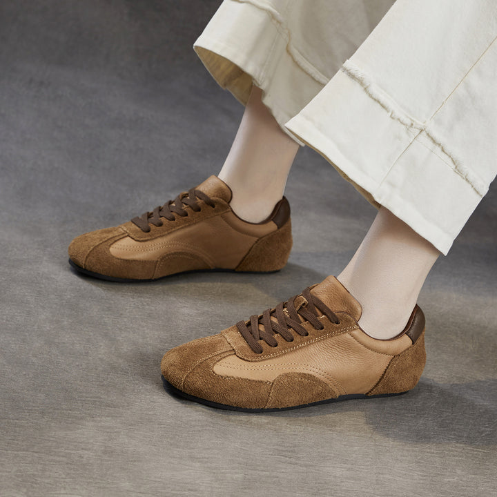 Women's Genuine Leather Retro Sneakers Vintage Lace-up Round Toe Flat Walking Shoes