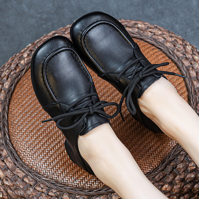 Women's Leather Pumps - Square Round Toe Lace-Up Low Block Chunky Heel Oxford Loafers