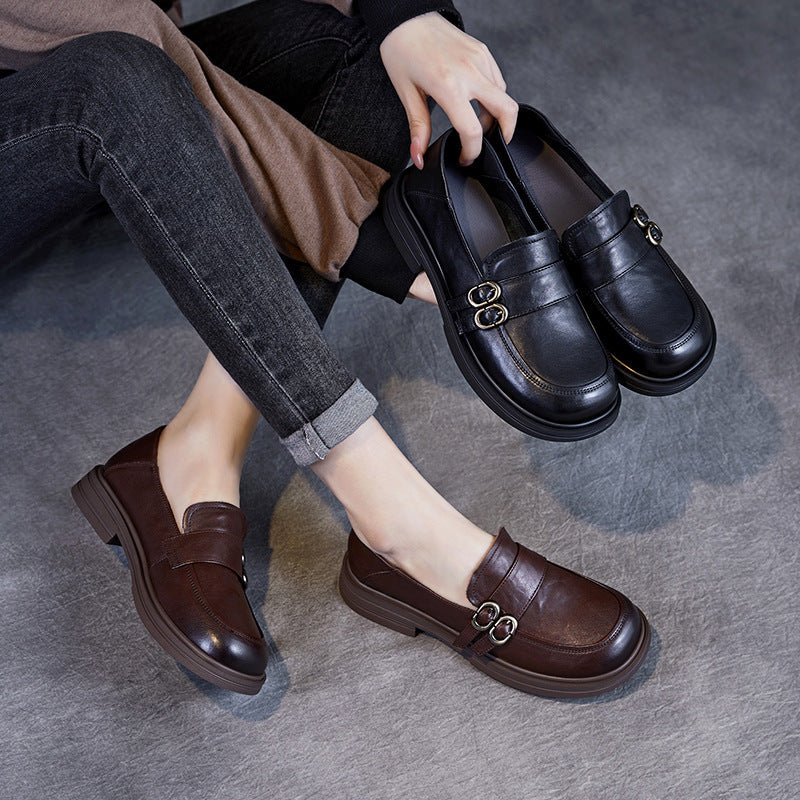 Women’s Leather Slip-On Loafers – Vintage British Low Heel