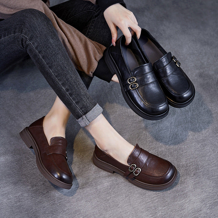 Women’s Leather Slip-On Loafers – Vintage British Low Heel