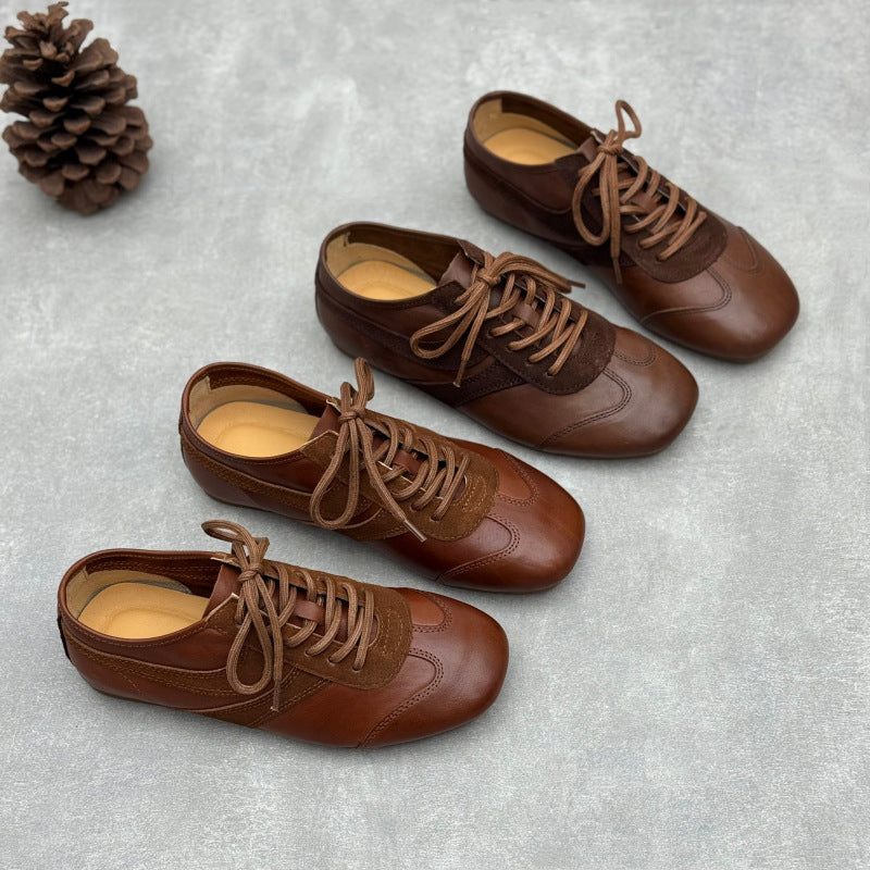Women's Retro Washed Leather Sneakers Vintage Lace-up German Trainer Flats