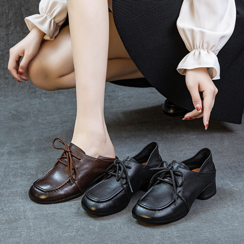 Women's Leather Pumps - Square Round Toe Lace-Up Low Block Chunky Heel Oxford Loafers