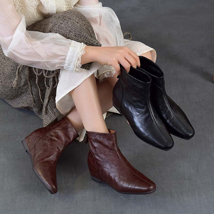 Women's Pointed Toe Top-Grain Leather Wedge Ankle Boots Mid Heel Back Zipper Booties