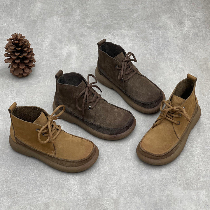 Women's Retro Leather Patchwork Boots – Lace-Up Soft Short Ankle Shoes