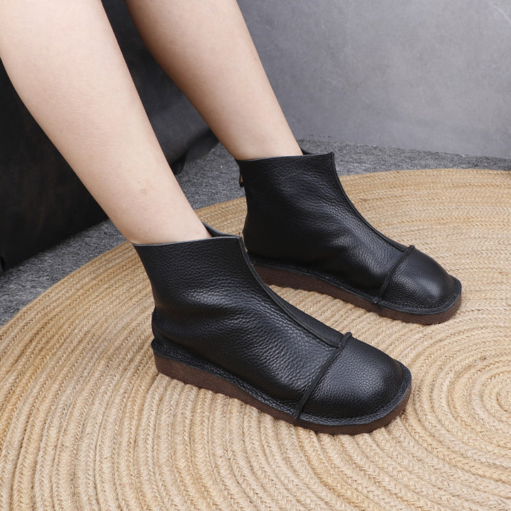 Women's Genuine Leather Ankle Boots Back Zipper Soft Flat Booties Casual Walking Shoes