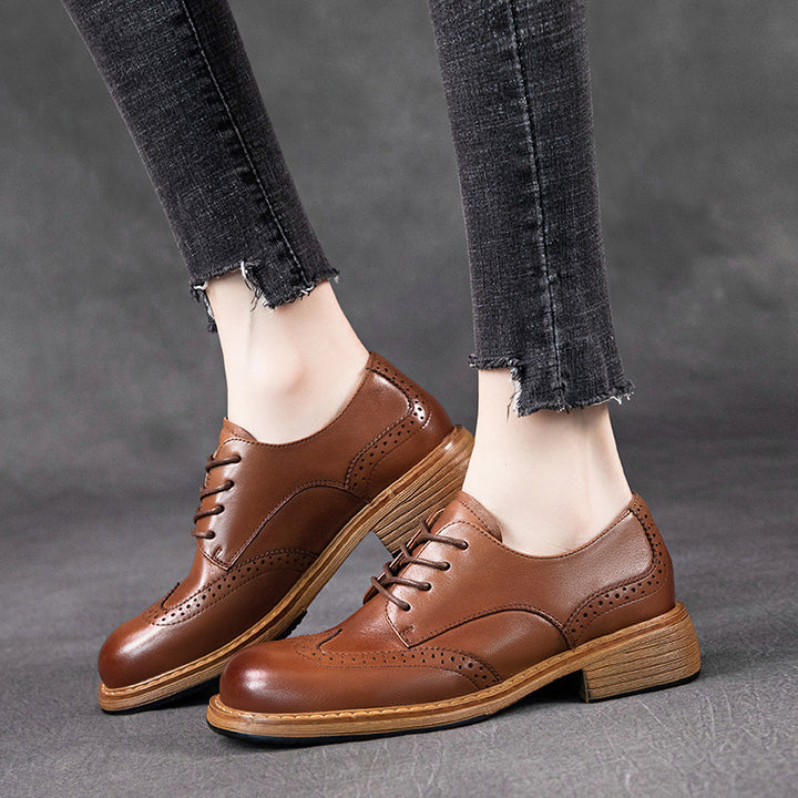 Women's Leather British-Style Brogue Lace-up Oxford Shoes