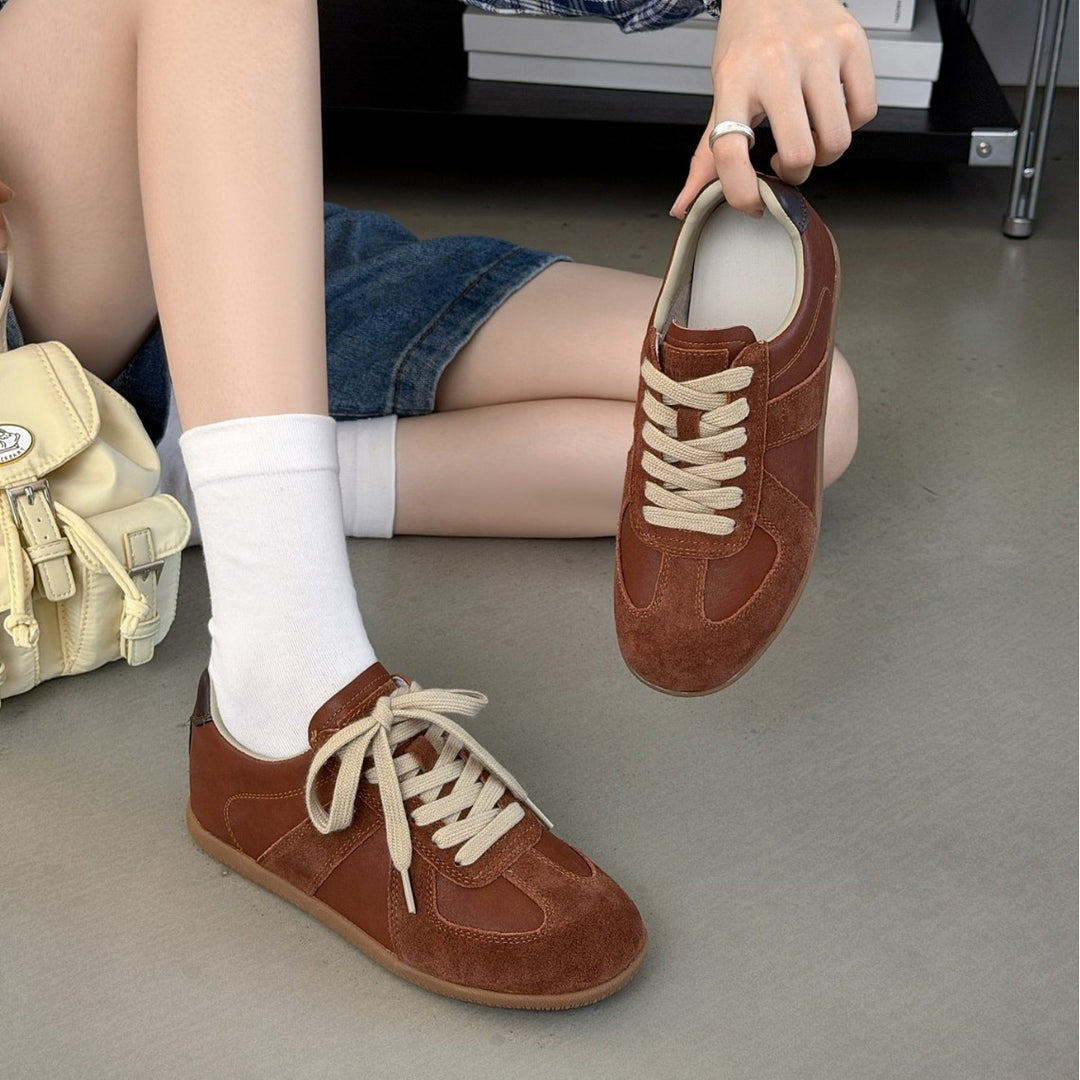 Women's Genuine Leather German Army Trainers Suede Patchwork Flat Sneakers Lace Up Casual Shoes