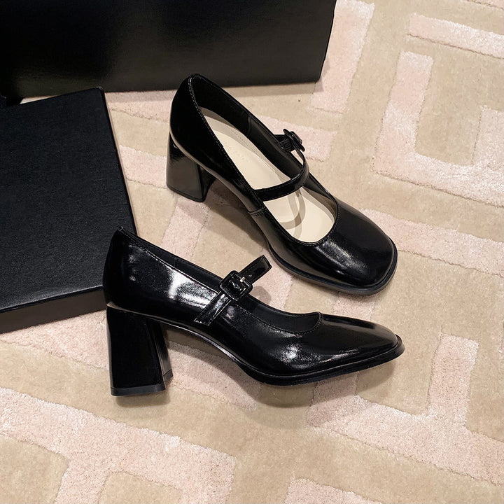 French Vintage Block Heel Mary Janes - Elegant Round Toe Leather Pumps for Office & Daily Wear