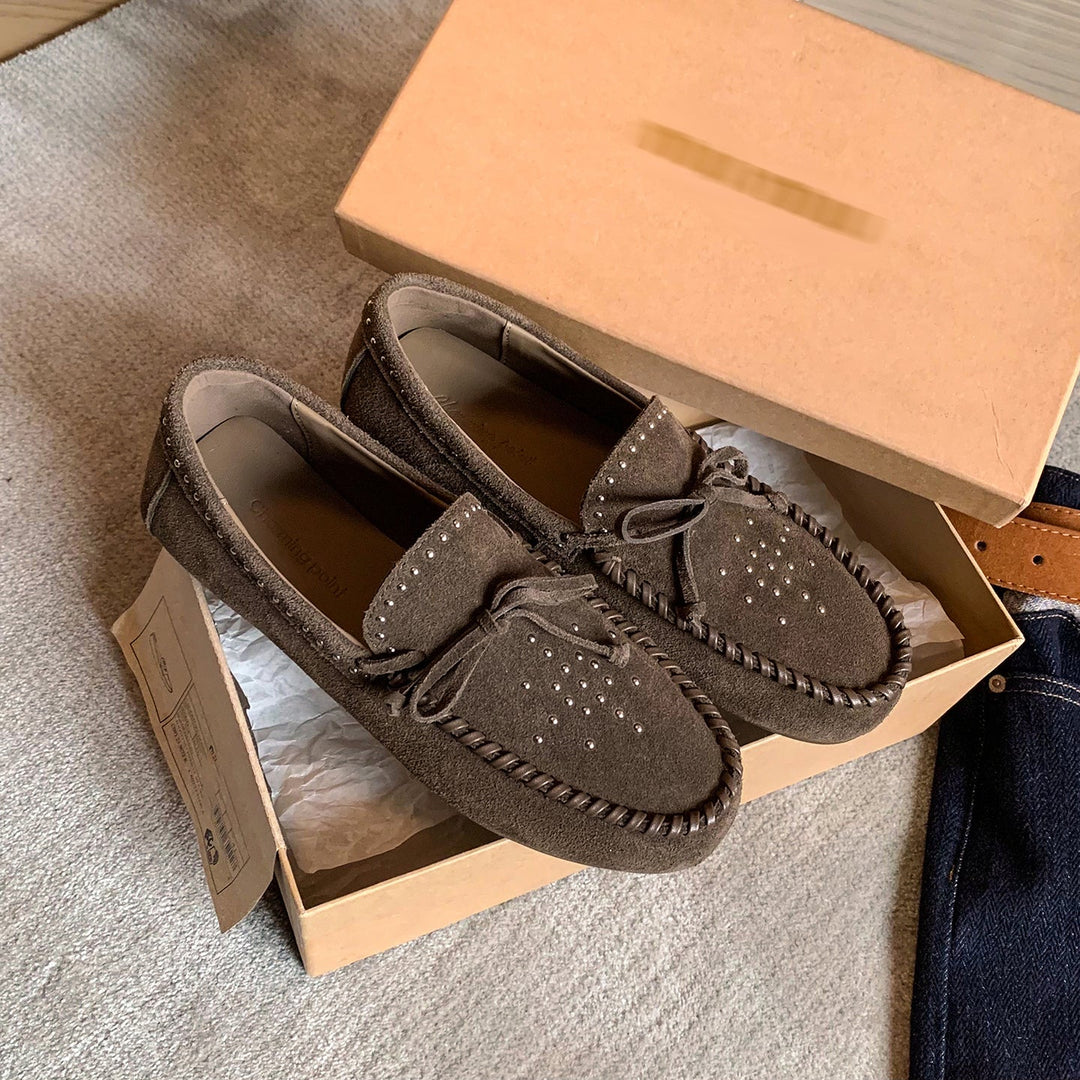 Women's Suede Moccasins - Hand-stitched Studded Loafers with Cowhide Insole