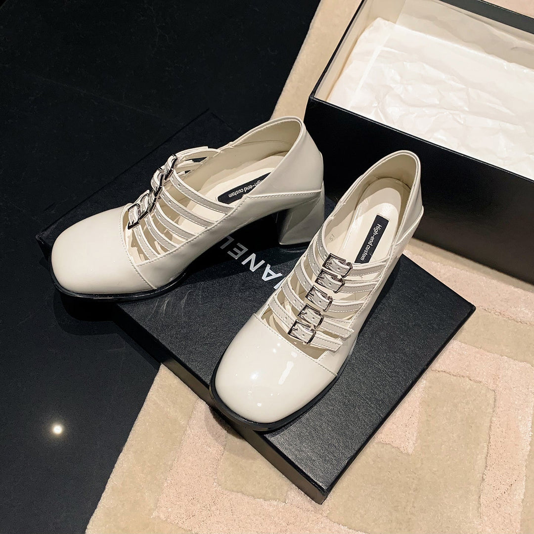 Women's Multi-Strap Mary Jane Heels - Patent Leather Pumps with Comfortable Block Heel