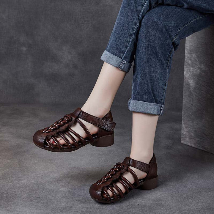 Breathable Leather Summer Sandals for Women - Round Toe Flat Walking Shoes with Velcro Strap