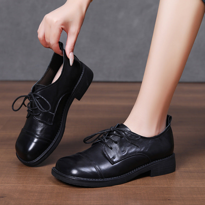 Women's Retro Leather Oxford Shoes Round Toe Lace Up Derby Loafers
