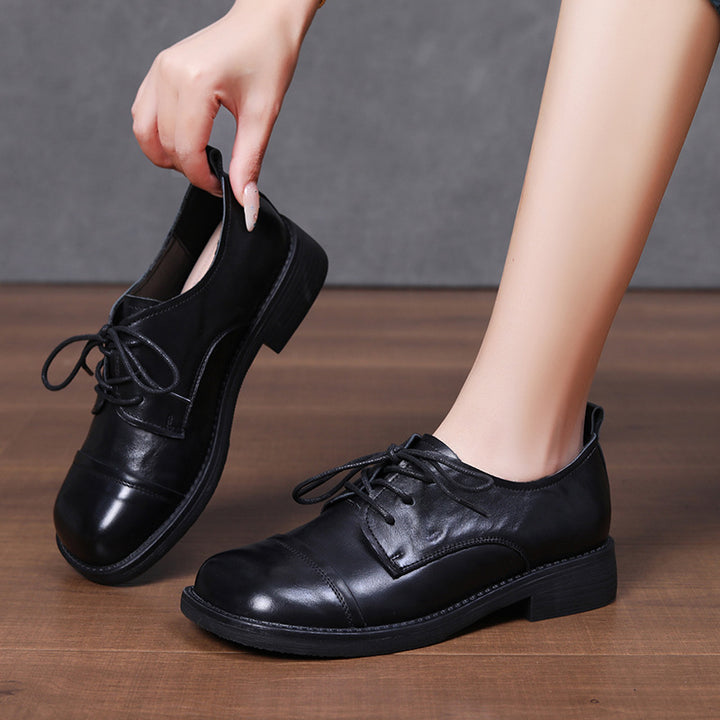 Women's Retro Leather Oxford Shoes Round Toe Lace Up Derby Loafers