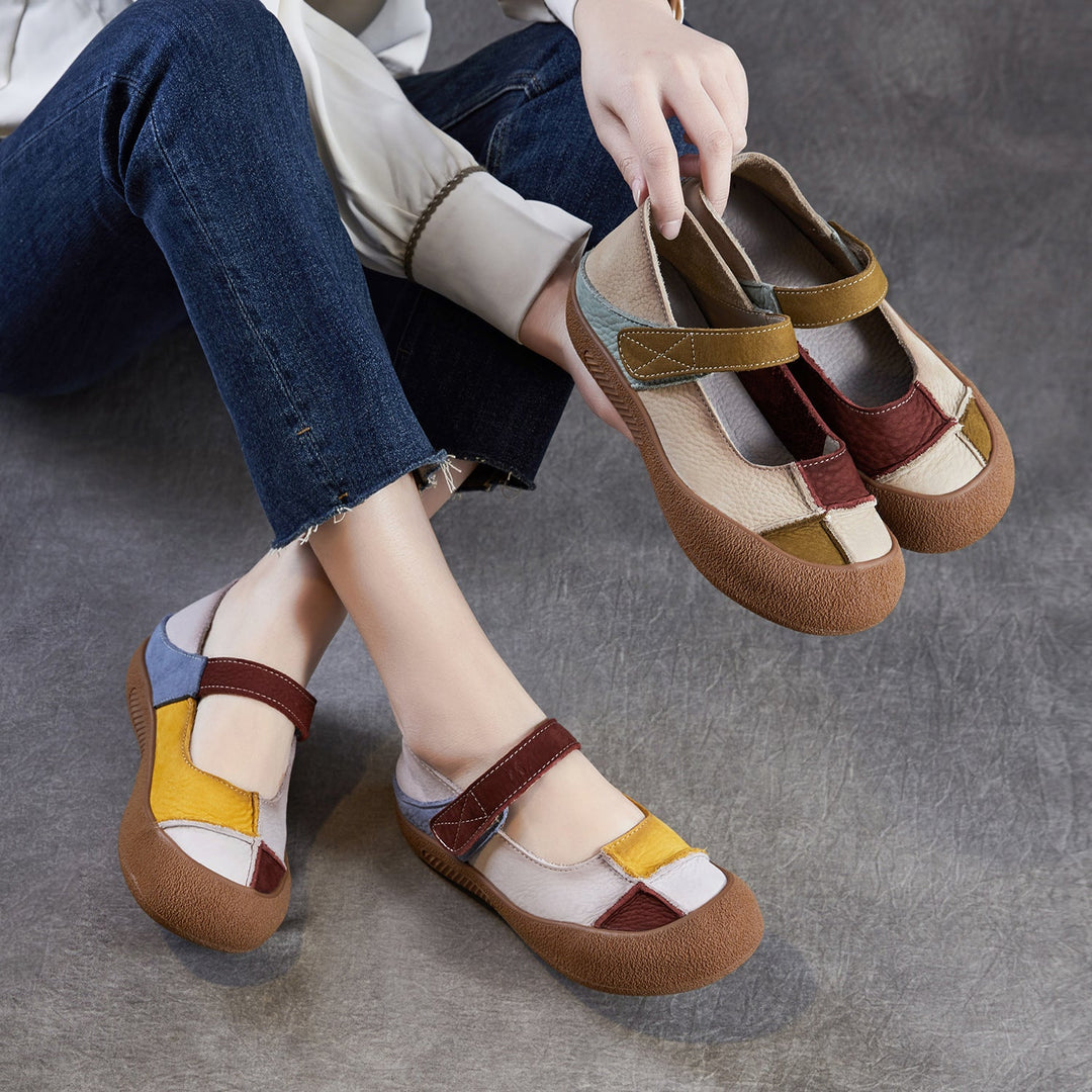 Women’s Leather Colour-Block Mary Jane Flats – Retro Soft Sole Shoes
