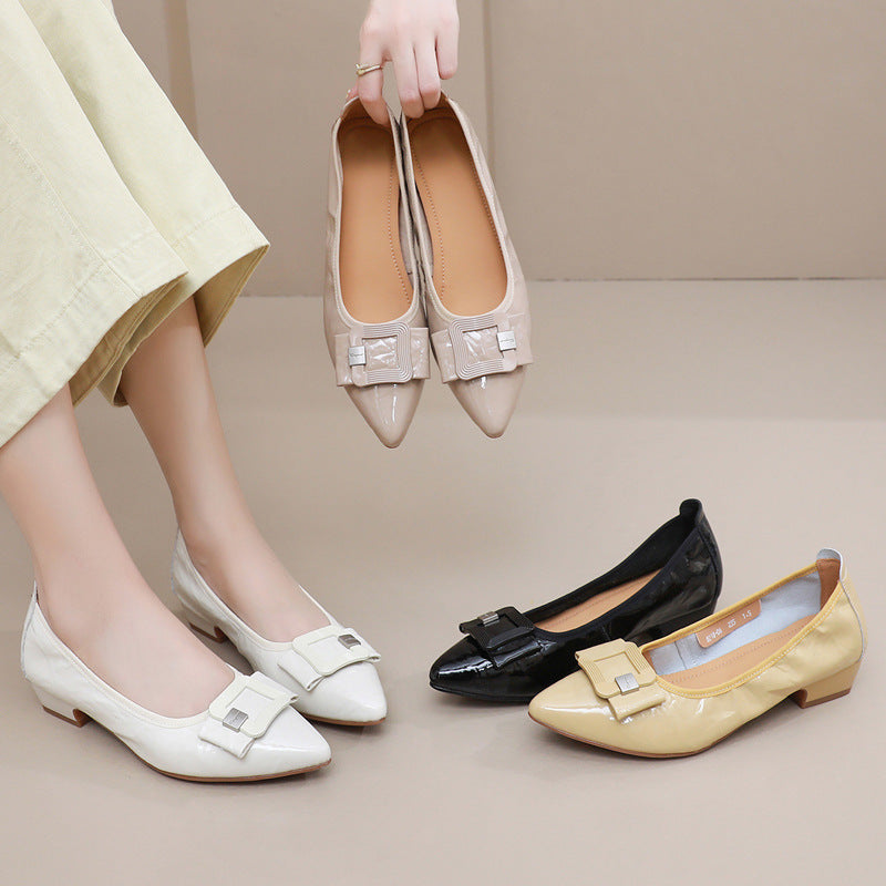 Women's Patent Sheepskin Pointed Toe Pumps Buckle Low Chunky Heel Slip On Shoes