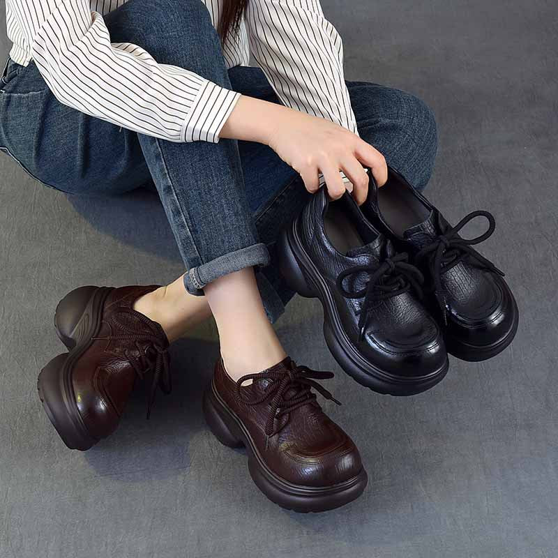 Women's Chunky Platform Oxford Shoes Top-Grain Leather Lace Up Wedge Loafers