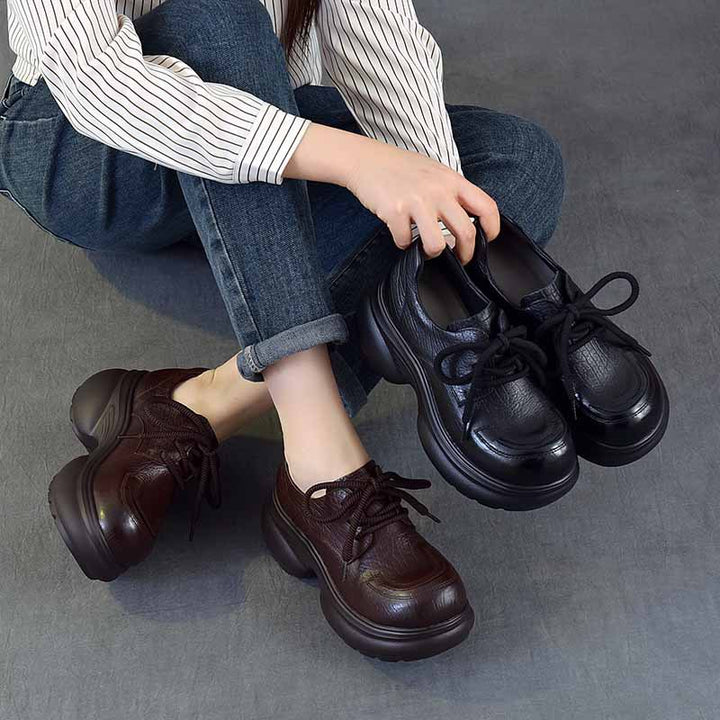 Women's Chunky Platform Oxford Shoes Top-Grain Leather Lace Up Wedge Loafers