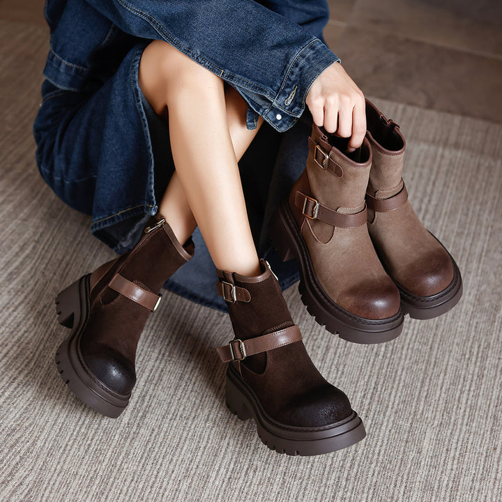 Women's Buckle Strap Cowhide Ankle Boots Chunky Platform Mid Heel Motorcycle Boots