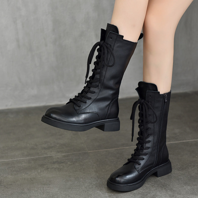 Women's Mid Calf Combat Boots Top-Grain Leather Lace Up Side Zipper Platform Booties