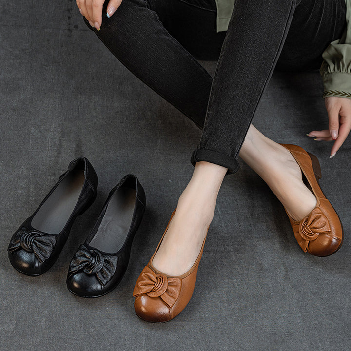 Women's Genuine Leather Bowknot Ballet Flats Round Toe Slip On Low Heel Walking Shoes