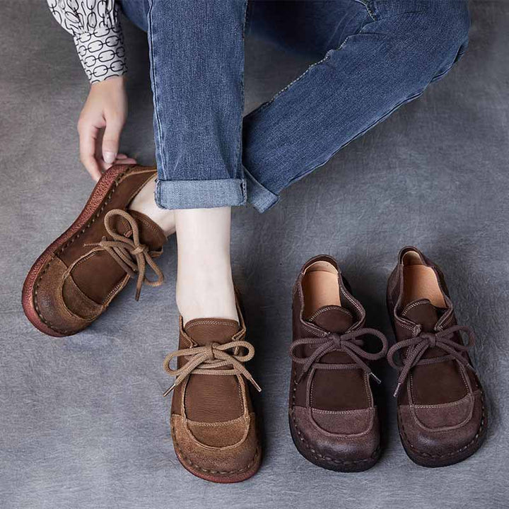Women's Handcrafted Patchwork Leather Flat Lace-up Casual Comfort Shoes