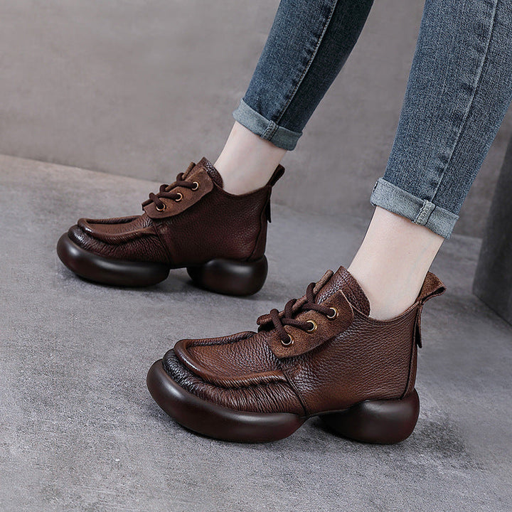 Women’s Soft Leather Lace-Up Ankle Boots – Thick Sole Casual Style