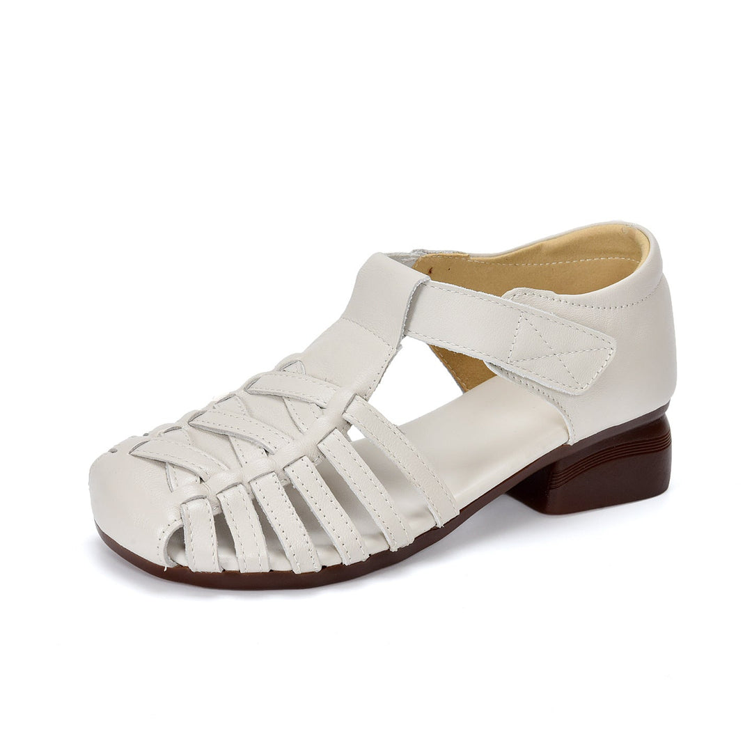Women's Leather Fisherman Sandals - Closed Toe Woven Strappy Gladiator Sandals Low Block Heel