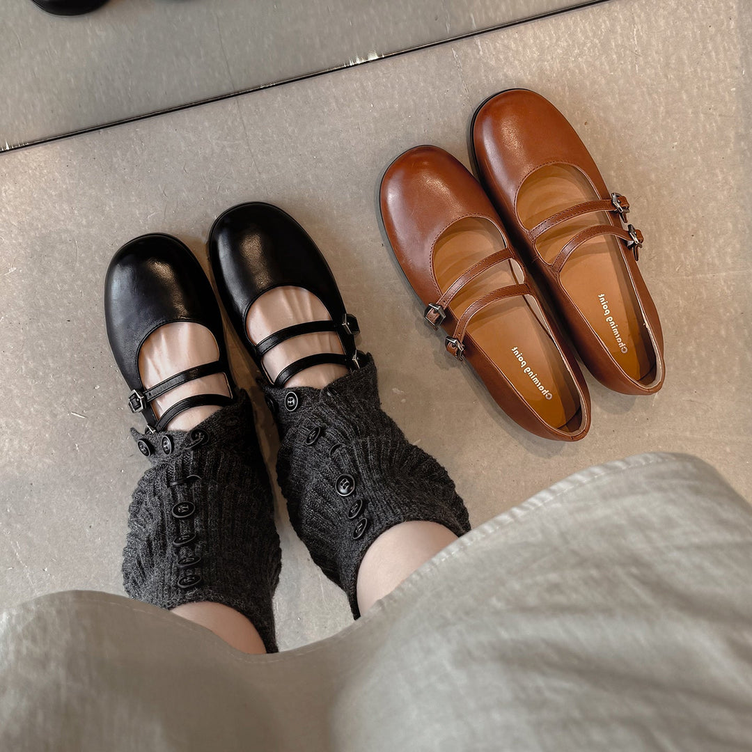 Women's Vintage French Style Leather Ballet Flats - Handcrafted Double Strap Mary Janes