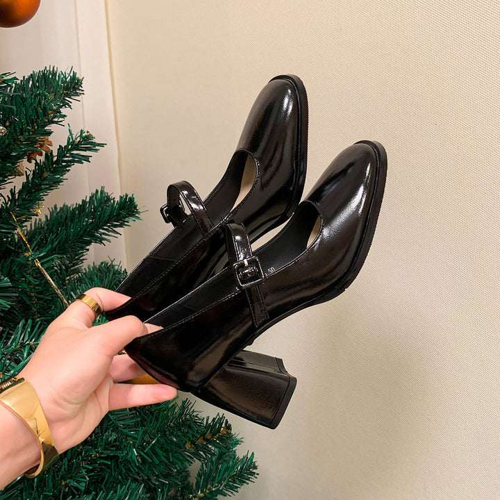 French Vintage Block Heel Mary Janes - Elegant Round Toe Leather Pumps for Office & Daily Wear