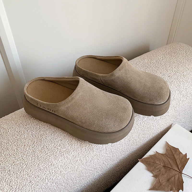 Round Toe Flat Mules – Women’s Cow Suede Comfortable Shoes