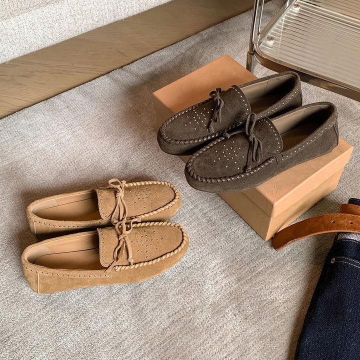 Women's Suede Moccasins - Hand-stitched Studded Loafers with Cowhide Insole