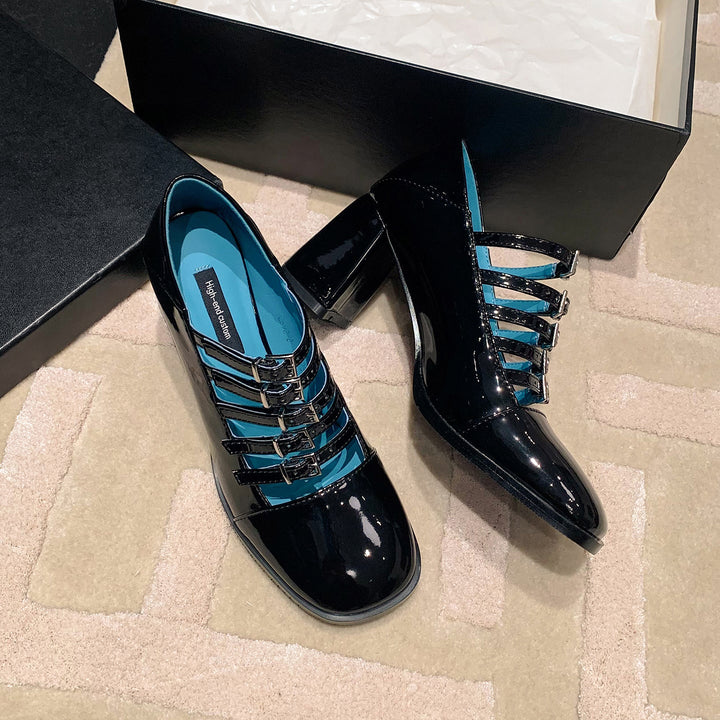 Women's Multi-Strap Mary Jane Heels - Patent Leather Pumps with Comfortable Block Heel