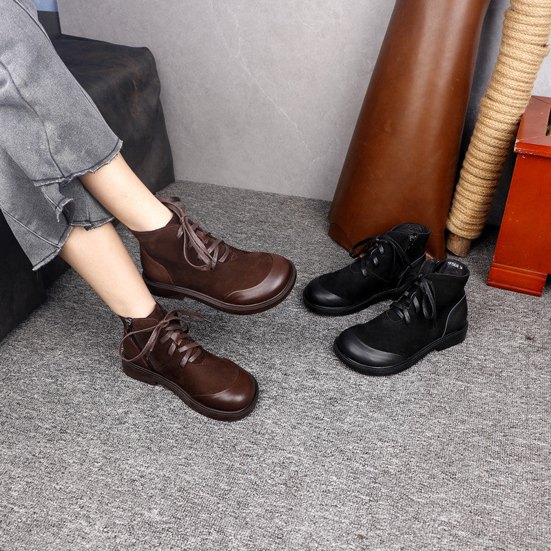 Women's Vintage Genuine Leather Ankle Boots Lace Up Side Zipper Flat Booties