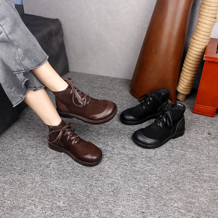 Women's Vintage Genuine Leather Ankle Boots Lace Up Side Zipper Flat Booties