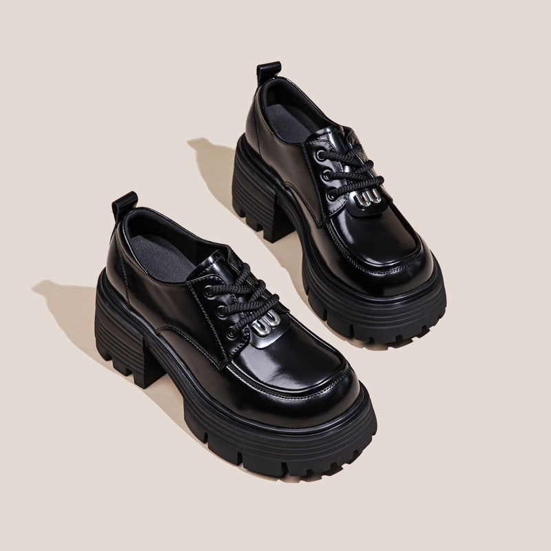 Women's Leather Platform Oxfords - Gothic Lug Sole 7cm Block Chunky High Heel  Lace-Up Shoes