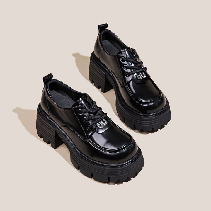 Women's Leather Platform Oxfords - Gothic Lug Sole 7cm Block Chunky High Heel  Lace-Up Shoes