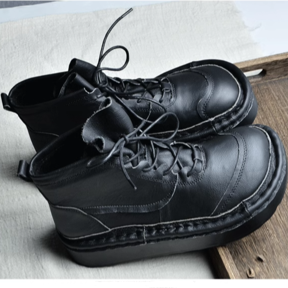 Women Leather Big Round Head Platform Casual Lace-up Boots